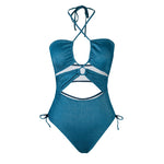 Load image into Gallery viewer, SEASELFIE Black Cut Out Halter One-piece Swimsuit For Women Sexy Drawstring Monokini Swimwear Beach Bathing Suit Beachwear