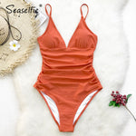 Load image into Gallery viewer, SEASELFIE Sexy Solid Orange Shirring V-neck One-Piece Swimsuit Women Monokini Beach Bathing Suit Swimwear