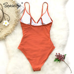 Load image into Gallery viewer, SEASELFIE Sexy Solid Orange Shirring V-neck One-Piece Swimsuit Women Monokini Beach Bathing Suit Swimwear