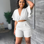 Load image into Gallery viewer, Sexy V Neck Ruffles Sleeve Crop Top & Pockets Shorts Suit