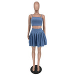 Load image into Gallery viewer, Echoine Denim Sling Spaghetti Crop Top Pleated Mini Skirt Set
