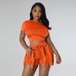 Load image into Gallery viewer, Echoine Short Sleeve Round Tshirt Crop Top Tassel Patchwork Shorts Two Piece Set