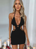 Load image into Gallery viewer, Mozision Hollow Out Halter Sexy Mini Dress Women Summer New Sleeveless Backless Skinny Club Party Knit Tank Dress Vestido
