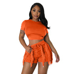 Load image into Gallery viewer, Echoine Short Sleeve Round Tshirt Crop Top Tassel Patchwork Shorts Two Piece Set