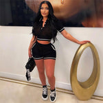 Load image into Gallery viewer, Adogirl Knitted Two Piece Set Women Summer Tracksuit Polo-Neck Short Sleeve Pullover Crop Tops Pockets Shorts Casual Jogger Suit