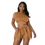 Load image into Gallery viewer, Echoine Short Sleeve Round Tshirt Crop Top Tassel Patchwork Shorts Two Piece Set