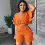 Load image into Gallery viewer, Sexy V Neck Ruffles Sleeve Crop Top & Pockets Shorts Suit