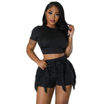 Load image into Gallery viewer, Echoine Short Sleeve Round Tshirt Crop Top Tassel Patchwork Shorts Two Piece Set