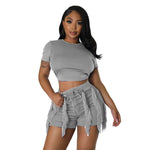 Load image into Gallery viewer, Echoine Short Sleeve Round Tshirt Crop Top Tassel Patchwork Shorts Two Piece Set