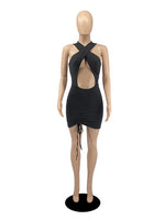 Load image into Gallery viewer, Akaily Summer Sexy Drawstring Balck Bodycon Mini Dresses For Women 2023 Sleeveless Halter Hollow Out Slim Fit Short Dresses