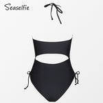 Load image into Gallery viewer, SEASELFIE Black Cut Out Halter One-piece Swimsuit For Women Sexy Drawstring Monokini Swimwear Beach Bathing Suit Beachwear