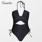 Load image into Gallery viewer, SEASELFIE Black Cut Out Halter One-piece Swimsuit For Women Sexy Drawstring Monokini Swimwear Beach Bathing Suit Beachwear