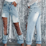 Load image into Gallery viewer, Straight Jeans Women 2023 Spring Summer Holes Diamond Rhinstones Solid Fashion High Street High Waist Cotton Denim Pants
