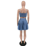 Load image into Gallery viewer, Echoine Denim Sling Spaghetti Crop Top Pleated Mini Skirt Set