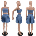Load image into Gallery viewer, Echoine Denim Sling Spaghetti Crop Top Pleated Mini Skirt Set