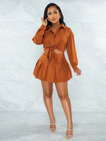Load image into Gallery viewer, Echoine Long Sleeve Lace Up Shirt Pleated Mini Skirt Set