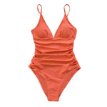 Load image into Gallery viewer, SEASELFIE Sexy Solid Orange Shirring V-neck One-Piece Swimsuit Women Monokini Beach Bathing Suit Swimwear