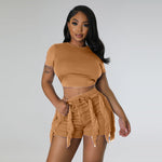 Load image into Gallery viewer, Echoine Short Sleeve Round Tshirt Crop Top Tassel Patchwork Shorts Two Piece Set