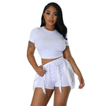Load image into Gallery viewer, Echoine Short Sleeve Round Tshirt Crop Top Tassel Patchwork Shorts Two Piece Set