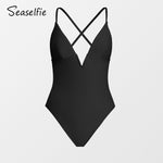 Load image into Gallery viewer, SEASELFIE V-Wire Cross Back One-piece Swimsuit For Women Black Sexy Backless Monokini Swimwear Bathing Suit Beachwear