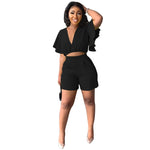 Load image into Gallery viewer, Sexy V Neck Ruffles Sleeve Crop Top & Pockets Shorts Suit