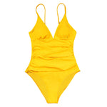 Load image into Gallery viewer, SEASELFIE Sexy Solid Orange Shirring V-neck One-Piece Swimsuit Women Monokini Beach Bathing Suit Swimwear