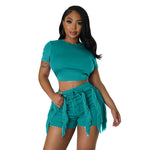 Load image into Gallery viewer, Echoine Short Sleeve Round Tshirt Crop Top Tassel Patchwork Shorts Two Piece Set