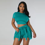 Load image into Gallery viewer, Echoine Short Sleeve Round Tshirt Crop Top Tassel Patchwork Shorts Two Piece Set