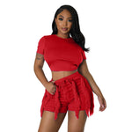 Load image into Gallery viewer, Echoine Short Sleeve Round Tshirt Crop Top Tassel Patchwork Shorts Two Piece Set