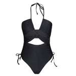 Load image into Gallery viewer, SEASELFIE Black Cut Out Halter One-piece Swimsuit For Women Sexy Drawstring Monokini Swimwear Beach Bathing Suit Beachwear