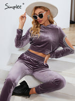 Load image into Gallery viewer, Simplee Casual hollow out tassel velvet long sleeve hooded tracksuit women Crop top
