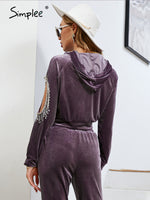 Load image into Gallery viewer, Simplee Casual hollow out tassel velvet long sleeve hooded tracksuit women Crop top