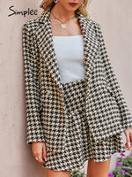 Load image into Gallery viewer, Simplee Office plaid shawl collar women blazer autumn Elegant houndstooth high waist pleated skirt Long sleeve pocket blazer