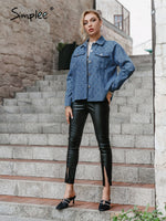 Load image into Gallery viewer, Simplee Cotton lapel long sleev women denim jacket