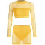 Load image into Gallery viewer, Fashion Neon Green Women Sets Long Sleeve See-through Crop Tops With Mini Skirt Bodycon 2 Two Pieces Sexy Club Outfits