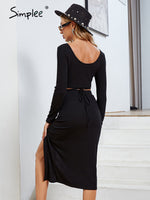 Load image into Gallery viewer, Simplee Office o-neck long sleeves lace up crop top knitted dress set Buttons black split maxi dresses suit Sheath female sets