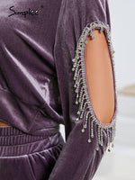 Load image into Gallery viewer, Simplee Casual hollow out tassel velvet long sleeve hooded tracksuit women Crop top