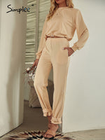 Load image into Gallery viewer, Simplee O-neck long sleeves short top long pants set Elastic shoulder pads pocket two pieces sets Female solid loose tracksuit