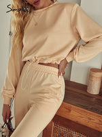 Load image into Gallery viewer, Simplee O-neck long sleeves short top long pants set Elastic shoulder pads pocket two pieces sets Female solid loose tracksuit
