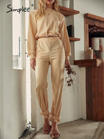 Load image into Gallery viewer, Simplee O-neck long sleeves short top long pants set Elastic shoulder pads pocket two pieces sets Female solid loose tracksuit