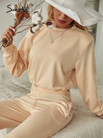 Load image into Gallery viewer, Simplee O-neck long sleeves short top long pants set Elastic shoulder pads pocket two pieces sets Female solid loose tracksuit