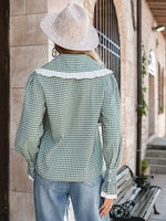 Load image into Gallery viewer, Simplee Gingham Square Office Ladies Winter Blouses Peter Pan Collar Women Ruffle Tops Full Poet Sleeves Female Fitness Blouses