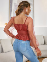 Load image into Gallery viewer, Simplee Sexy long sleeve v-neck tulle blouse women Summer see through ruffle crop top