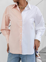Load image into Gallery viewer, Simplee Autumn Color Block Casual Women Blouse Solid Cotton Lapel Collar Office Lady Shirt Full Lantern Sleeves