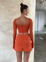 Load image into Gallery viewer, hirigin Women Summer 2 Pieces Outfits Solid Color Sweetheart Neckline Long Sleeve Crop Tops and Side Tie-Up Mini Skirts Set