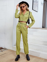 Load image into Gallery viewer, Simplee Office v-neck long sleeves crop top pant set Notched button belt high waist pants suit Shoulder pad green two piece sets