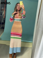 Load image into Gallery viewer, Aproms Multi Striped Crochet Midi Dresses