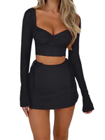 Load image into Gallery viewer, hirigin Women Summer 2 Pieces Outfits Solid Color Sweetheart Neckline Long Sleeve Crop Tops and Side Tie-Up Mini Skirts Set