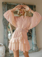 Load image into Gallery viewer, Simplee Belt blue plaid batwing long sleeve women dress summer Office ruffle shirt mini dress Casual button A-line mujer vestido