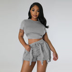 Load image into Gallery viewer, Echoine Short Sleeve Round Tshirt Crop Top Tassel Patchwork Shorts Two Piece Set